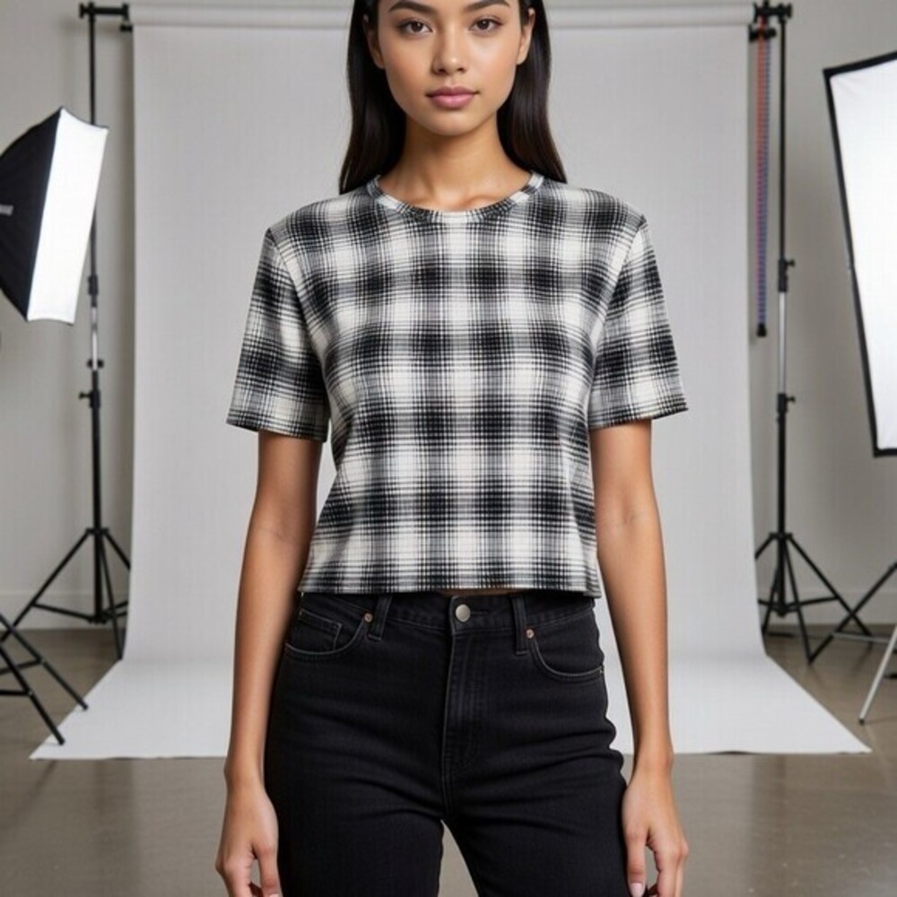 Zarelle Plaid T-Shirt Womens Size S Black White Short Sleeve Crew Neck